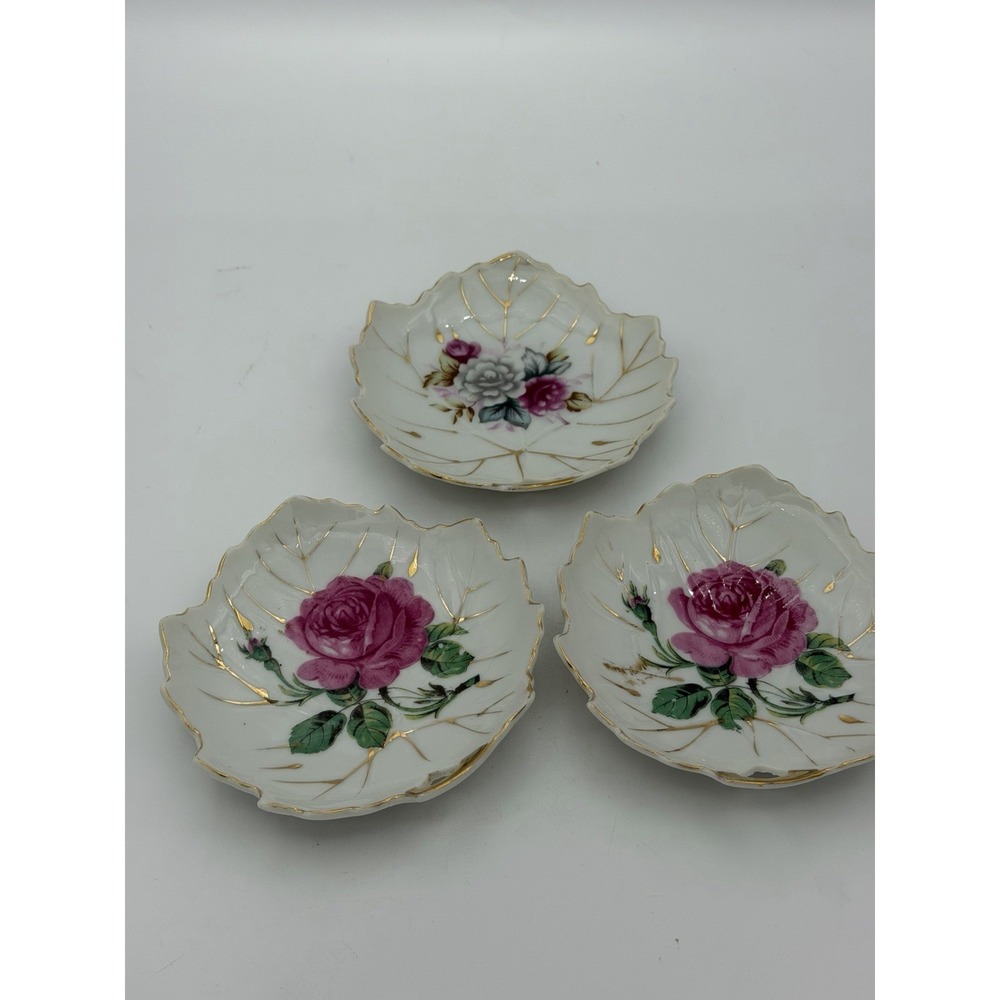 Set of 3 Nasco Rose Floral Leaf Shape 5" Porcelain Trinket Dish Gold Trim Japan